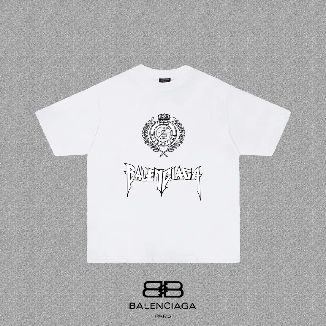 P80✨🔥 BALENCIAGA Paris lettering printed short-sleeved T-shirt, custom-woven and dyed 280g combed cotton heavyweight fabric, zero color difference in thread, perfect details, different from the current version on the market, welcome to compare, Same Style for men and women, must-sell in the picture above Color: White Black Size: 1 2 3 4